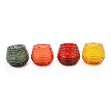 Porta tealight vetro righe orizzontali 4 assortito giallo/rosso/arancio/grigio scuro 9,5*7,8 cm